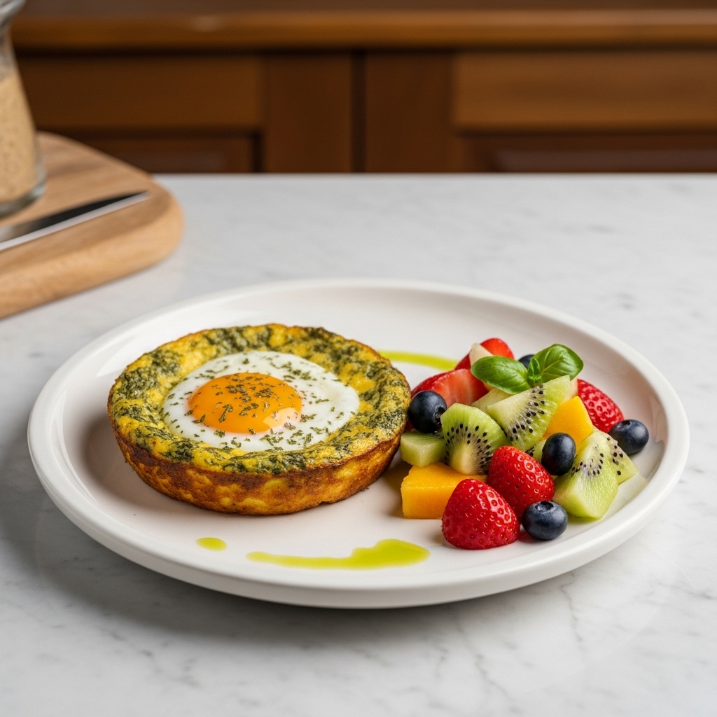 Persian Vegetarian Brunch Delight: Herbed Kuku Egg Casserole with Tahdig & Fresh Fruit Salad