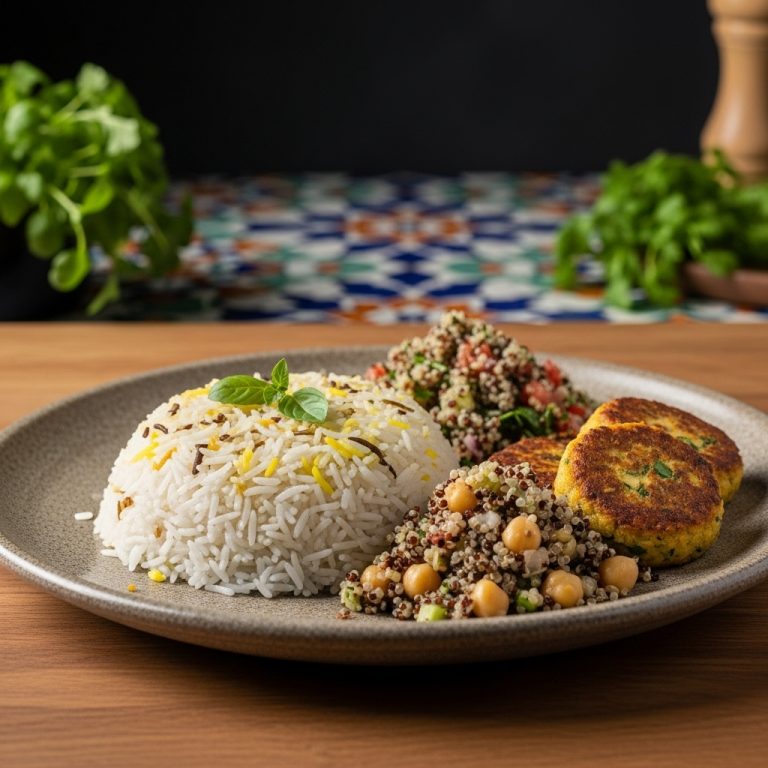 Persian Vegetarian Lunch: Aromatic Herb Rice Bowl with Mixed Quinoa Salad & Chickpea Patties
