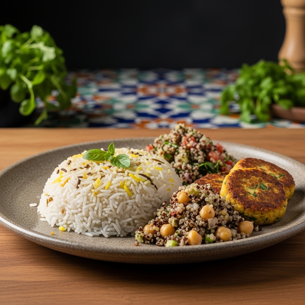 Persian Vegetarian Lunch: Aromatic Herb Rice Bowl with Mixed Quinoa Salad & Chickpea Patties