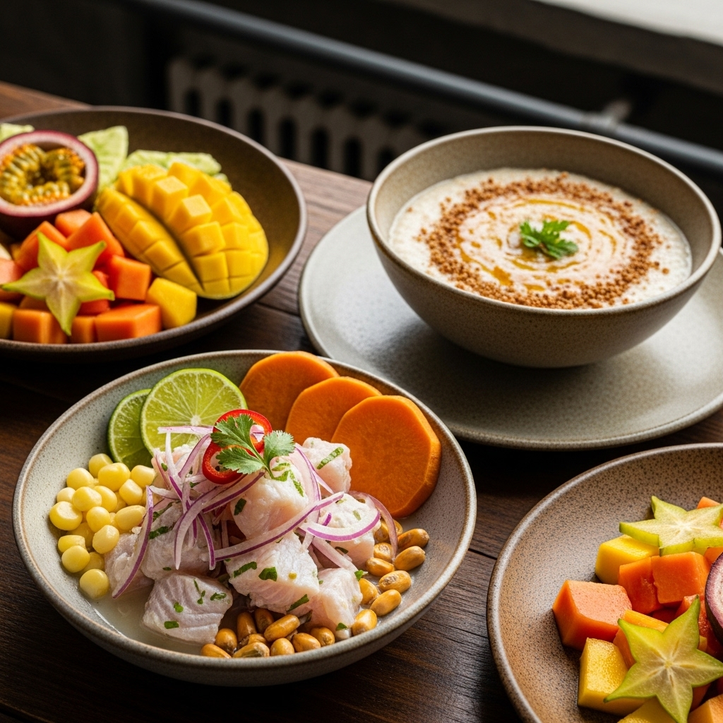 Peruvian Breakfast Delight: Aromatic Ceviche & Quinoa Porridge with Tropical Fruit Salad