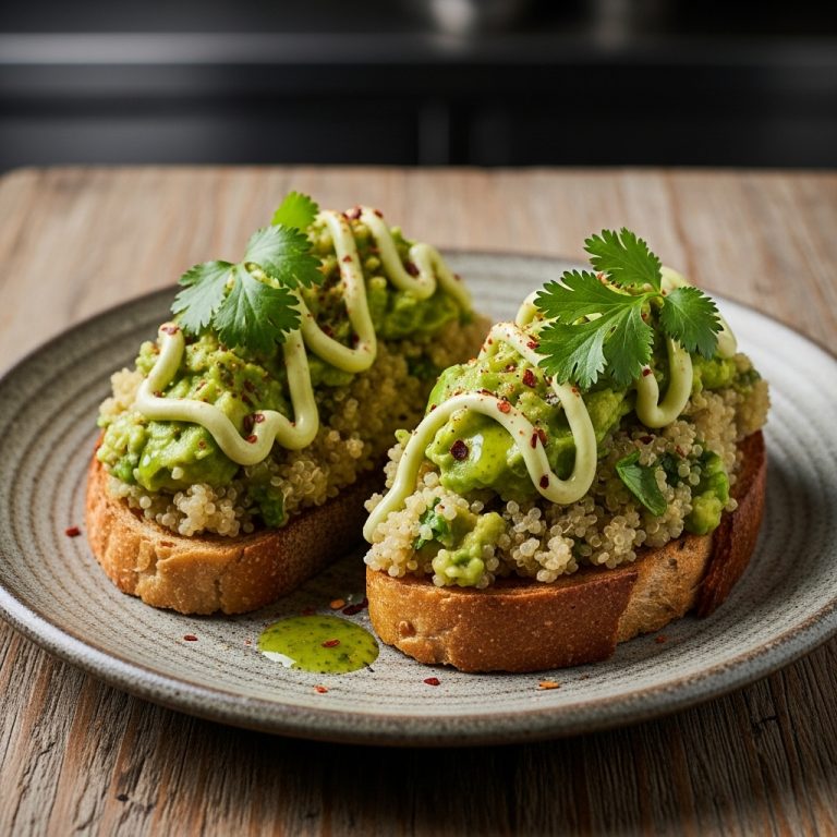 “Peruvian Breakfast Delight: Quinoa-Stuffed Avo Toast with Cilantro-Lime Drizzle (Gluten-Free)”