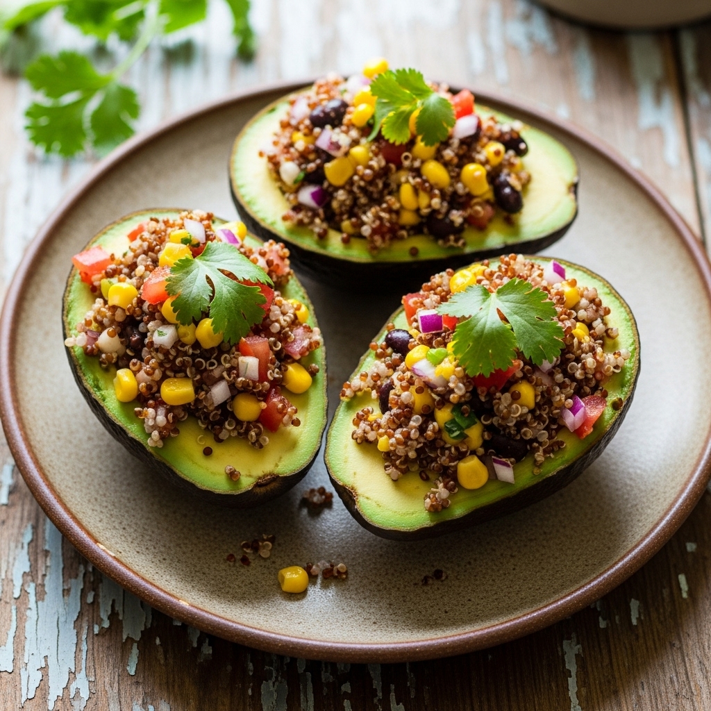 Peruvian Brunch Delight: Quinoa-Stuffed Avocado Boats with Lemon Cilantro Dressing