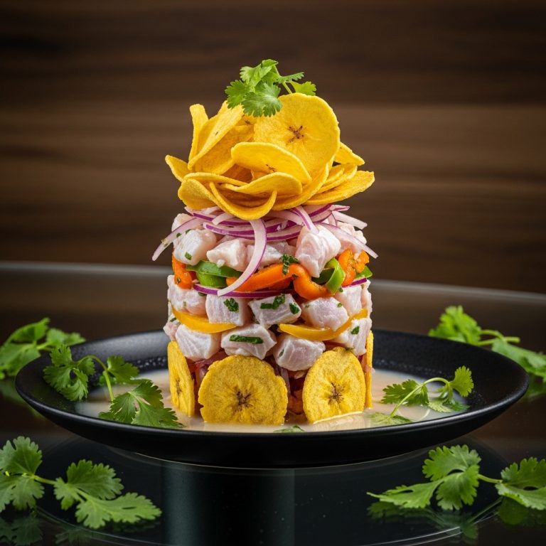 Peruvian Ceviche Tower with Crispy Plantain Chips – A Fresh & Flavorful Seafood Delight!