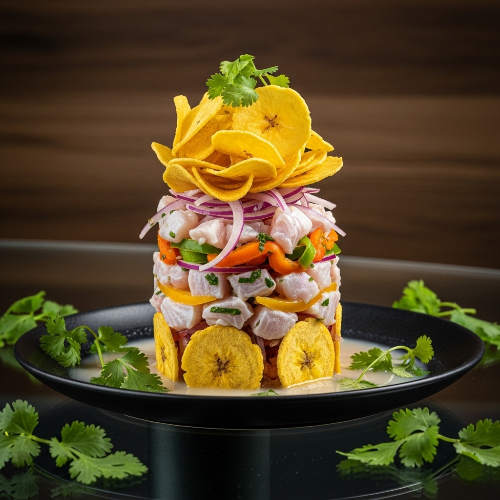 Peruvian Ceviche Tower with Crispy Plantain Chips – A Fresh & Flavorful Seafood Delight!