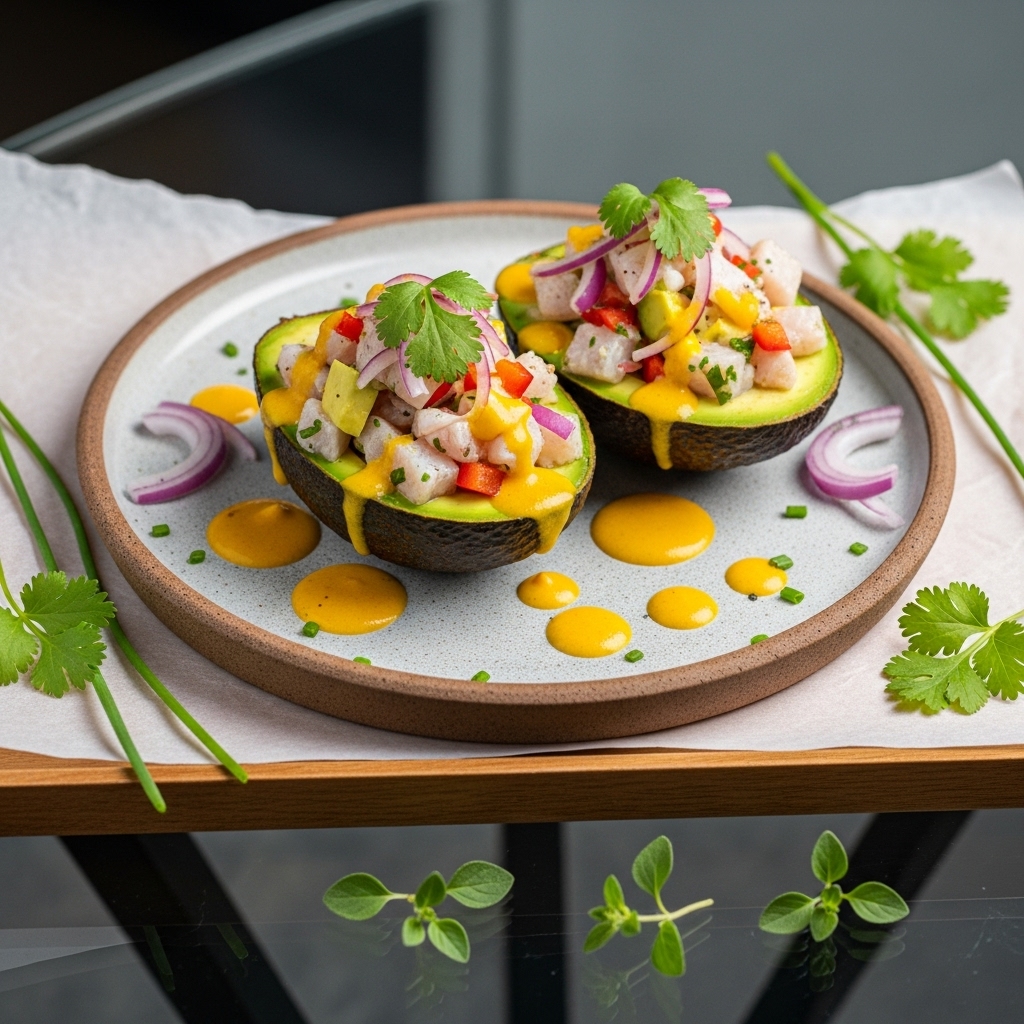 Peruvian Keto Ceviche-Stuffed Avocado Boats with Aji Amarillo Sauce