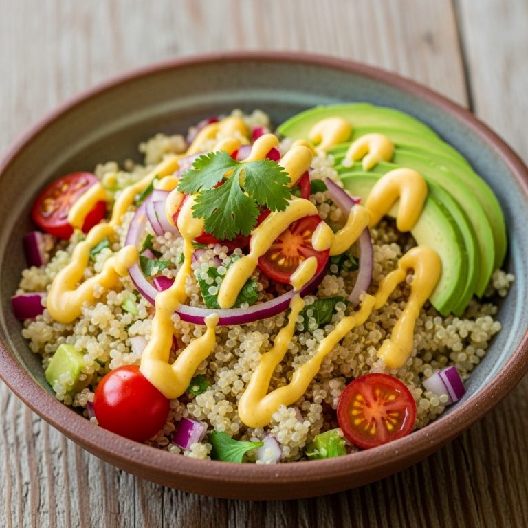 Peruvian Quinoa Ceviche Bowl with Aji Amarillo Sauce & Avocado Slices