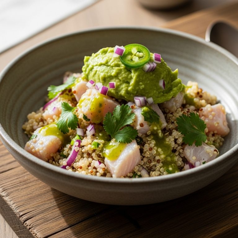 Peruvian Quinoa Ceviche Bowl with Avocado Salsa and Lime-Cilantro Dressing