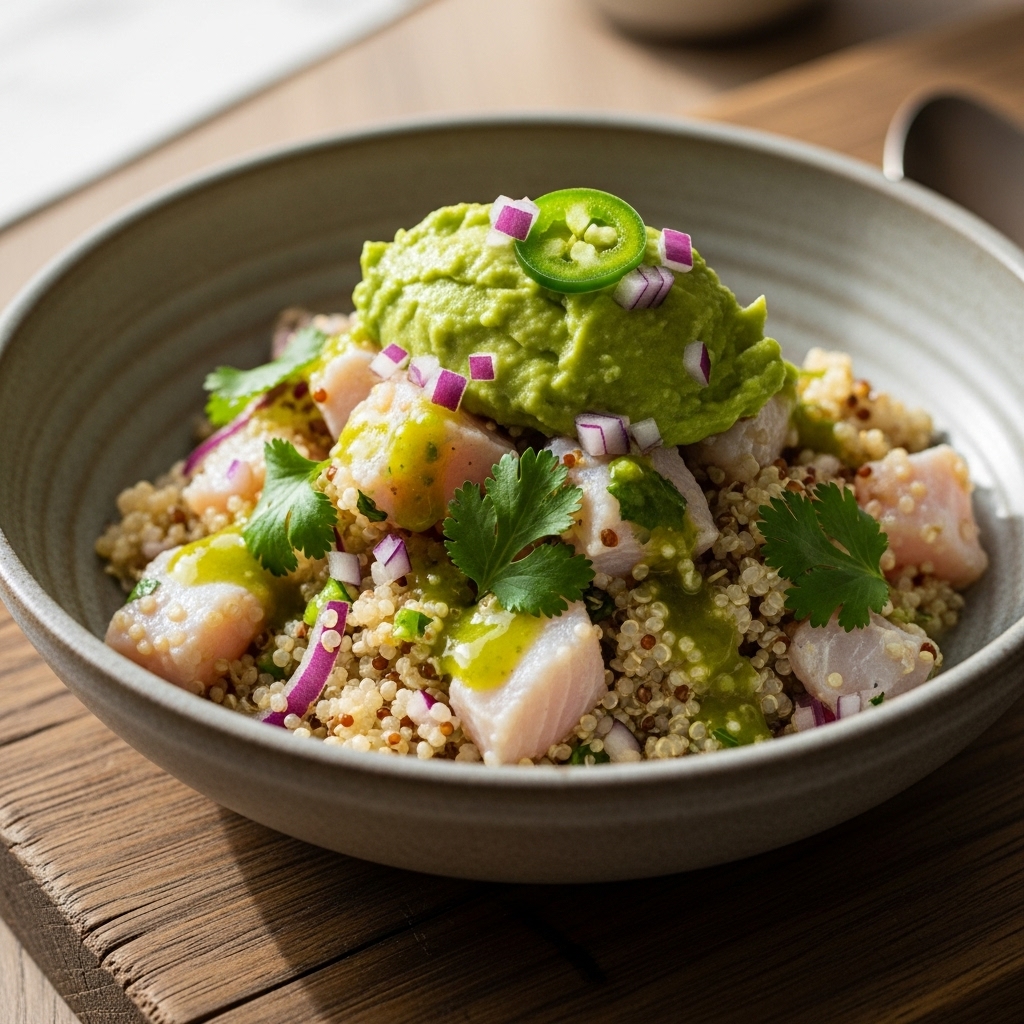 Peruvian Quinoa Ceviche Bowl with Avocado Salsa and Lime-Cilantro Dressing