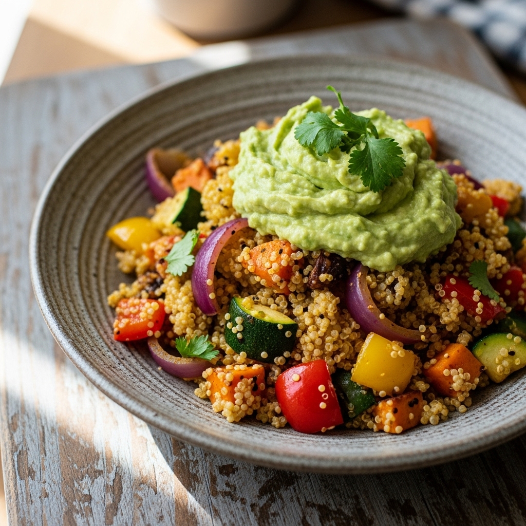 Peruvian Quinoa Scramble with Roasted Vegetables and Avocado Cream