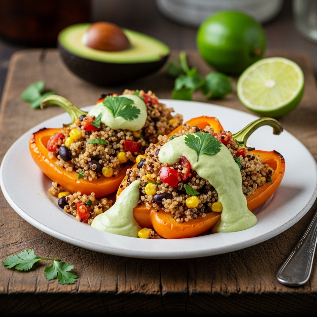 “Peruvian Quinoa Stuffed Bell Peppers with Creamy Avocado Sauce”