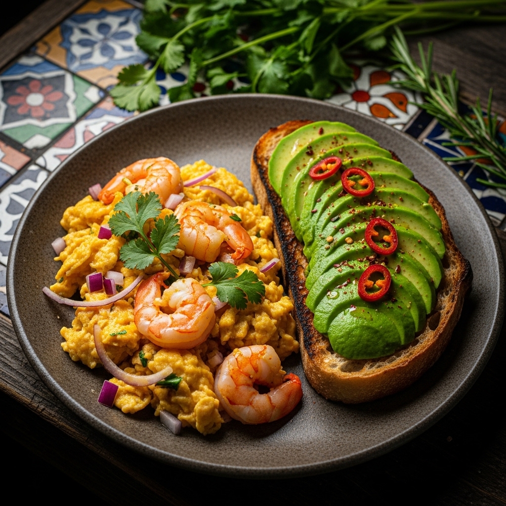 Peruvian Shrimp Scrambled Eggs with Avocado Toast