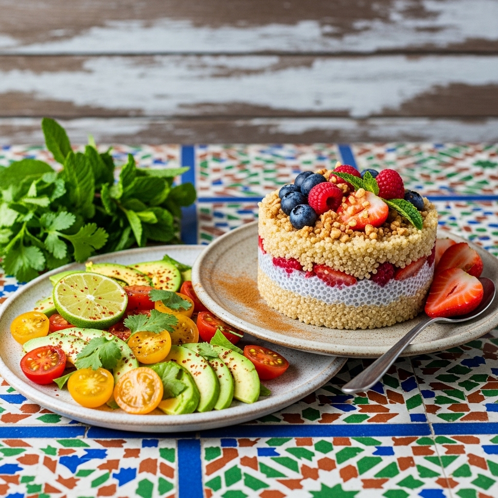 Peruvian Vegetarian Breakfast Delight: Quinoa Chia Pudding & Avo-Tomato Salad