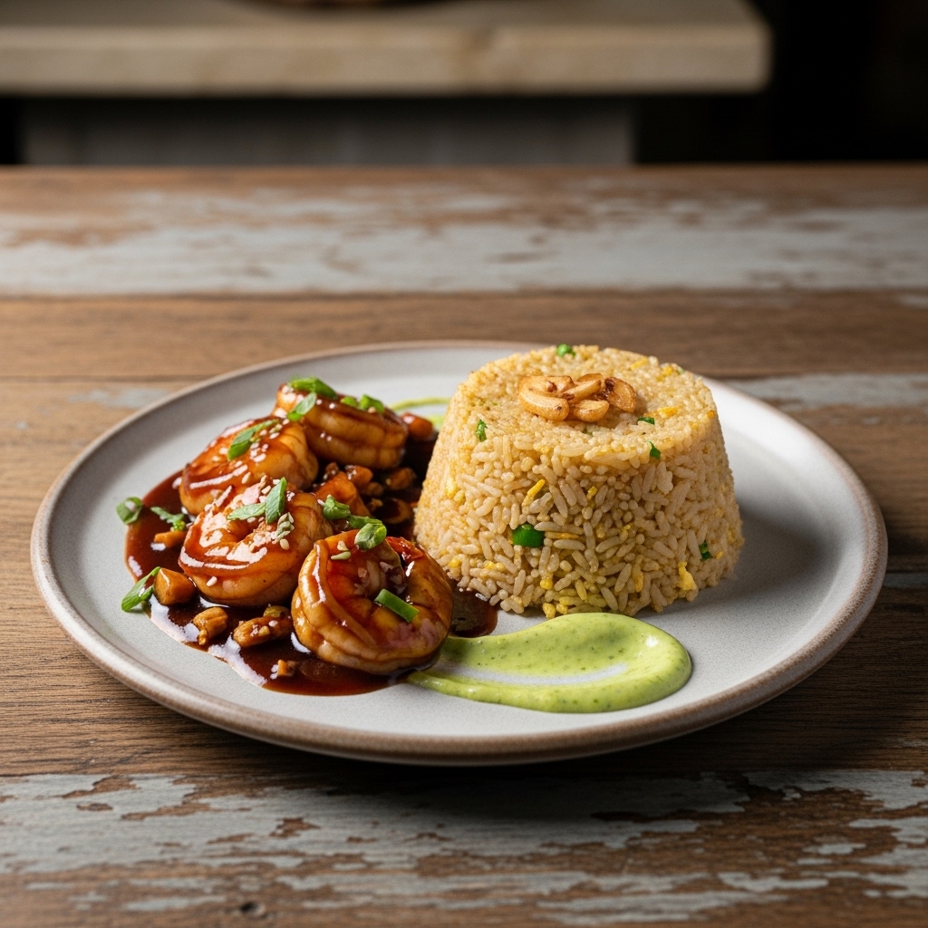 Philippine-Inspired Shrimp Adobo and Garlic Fried Rice with Calamansi Aioli