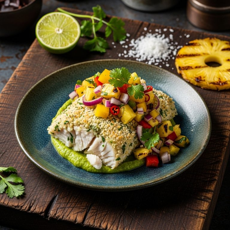 Polynesian Coconut-Lime Baked Fish with Grilled Pineapple Salsa (Paleo)