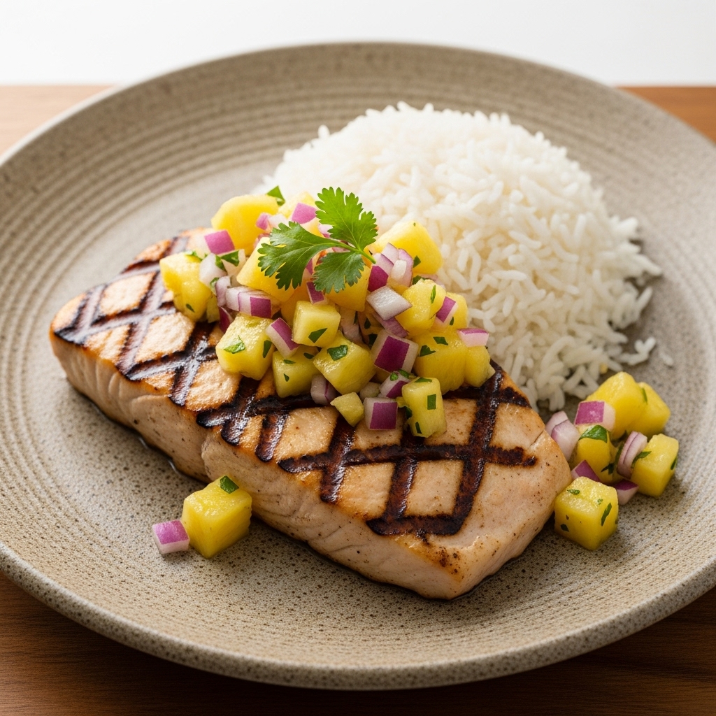 Polynesian Grilled Mahi-Mahi with Pineapple Salsa and Coconut Rice