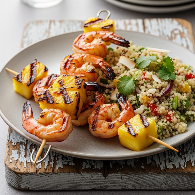 Polynesian Grilled Pineapple Shrimp Skewers with Coconut Lime Quinoa Salad (Gluten-Free)