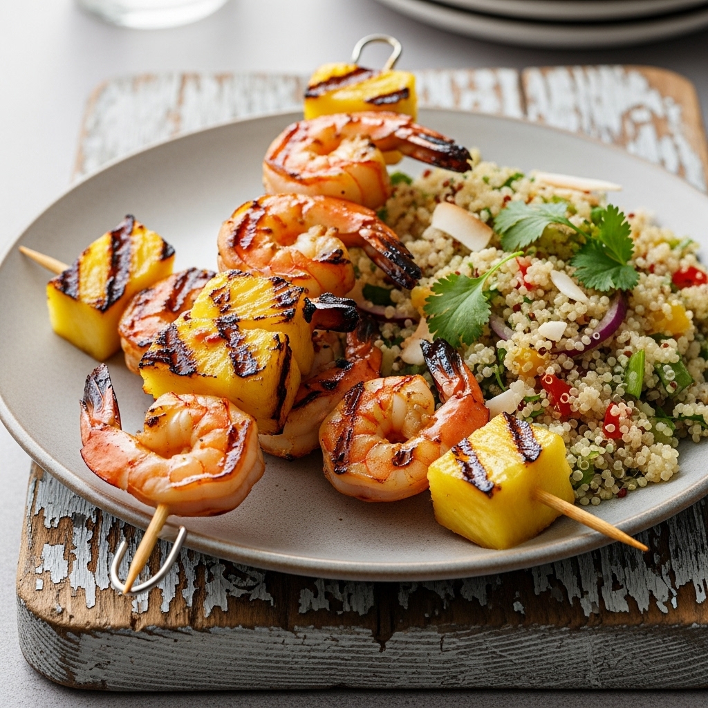 Polynesian Grilled Pineapple Shrimp Skewers with Coconut Lime Quinoa Salad (Gluten-Free)