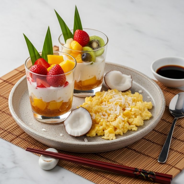 Polynesian Island Brunch: Aromatic Tropical Fruit Parfaits & Coconut-Infused Scrambled Eggs