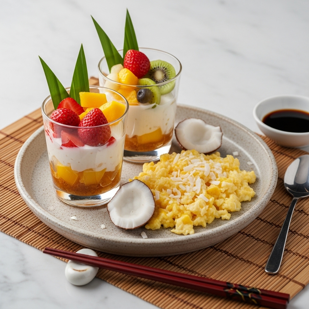 Polynesian Island Brunch: Aromatic Tropical Fruit Parfaits & Coconut-Infused Scrambled Eggs