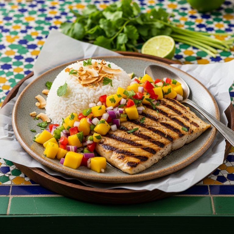 “Polynesian Lunch: Exotic Grilled Fish with Coconut Rice & Fresh Mango Salsa”