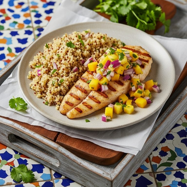 Polynesian Paleo Seafood Feast: Grilled Mahi-Mahi with Coconut Lime Quinoa and Tropical Fruit Salsa