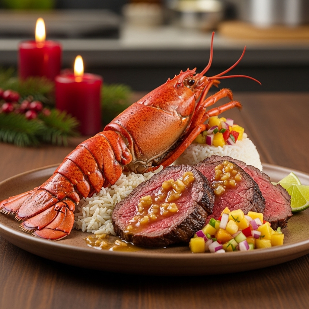 “Polynesian Surf & Turf Feast: Grilled Lobster and Marinated Prime Rib with Coconut Lime Rice and Tropical Fruit Salsa”