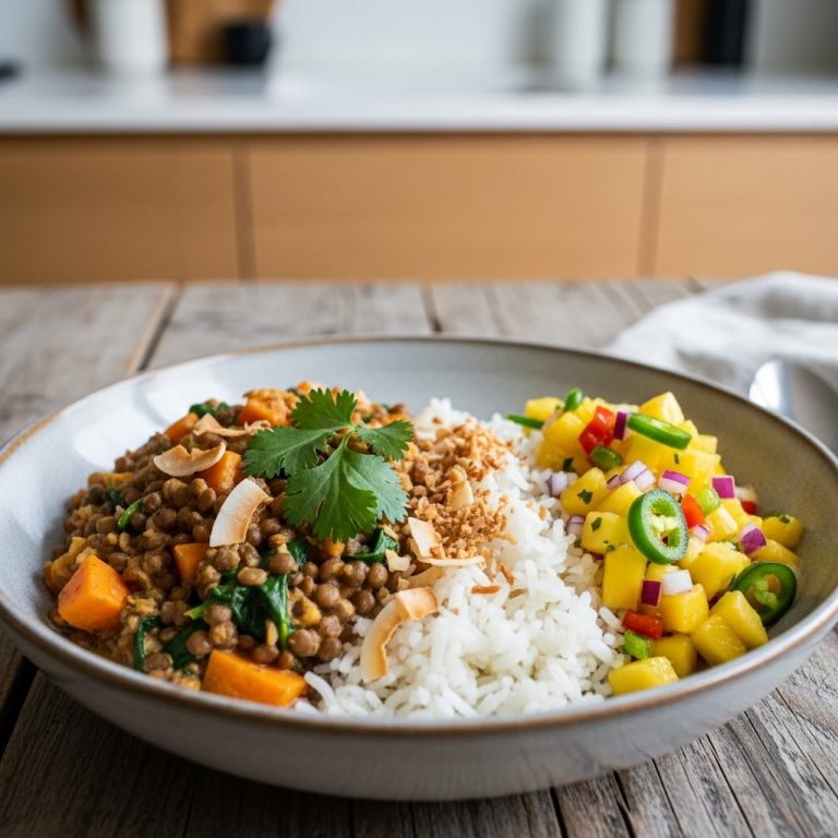 Polynesian Vegan Lentil Curry with Coconut Rice & Pineapple Mango Salsa