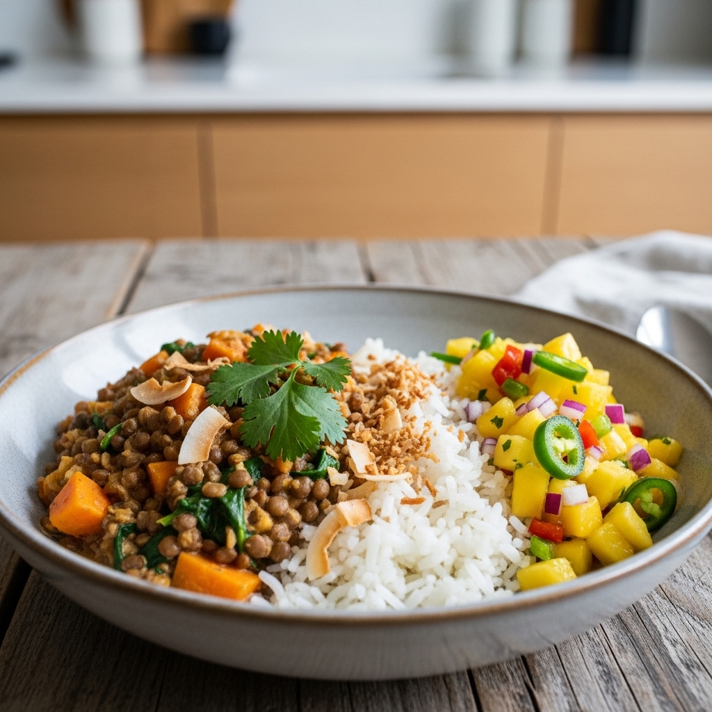 Polynesian Vegan Lentil Curry with Coconut Rice & Pineapple Mango Salsa