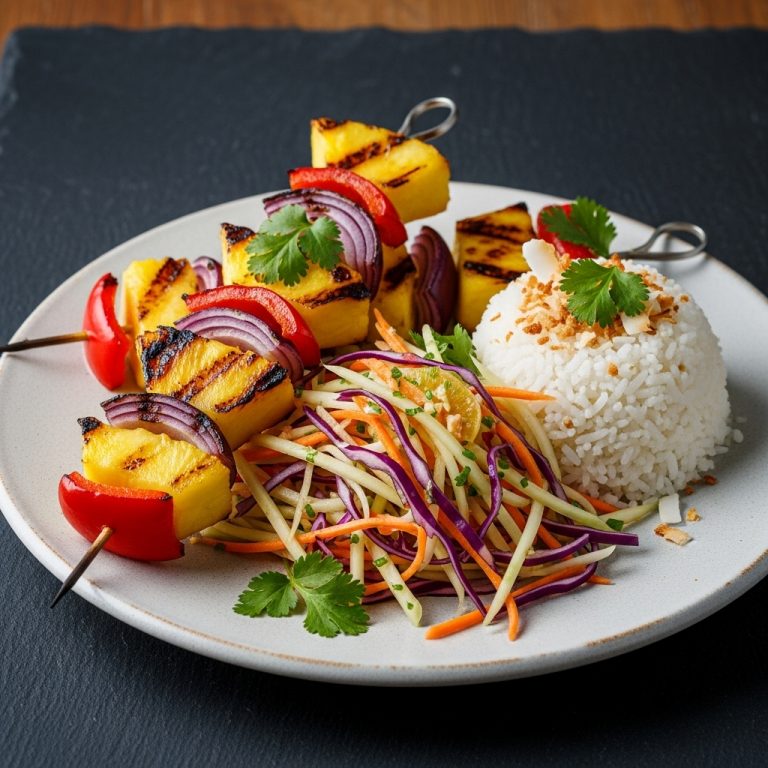 Polynesian Vegetarian Dinner: Tropical Grilled Pineapple Skewers with Papaya Slaw & Coconut Rice