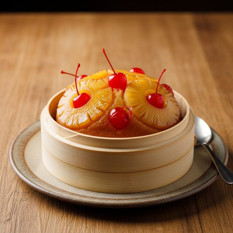 Polynesian Vegetarian Tropical Delight: Pineapple Upside-Down Cake in a Bamboo Steamer