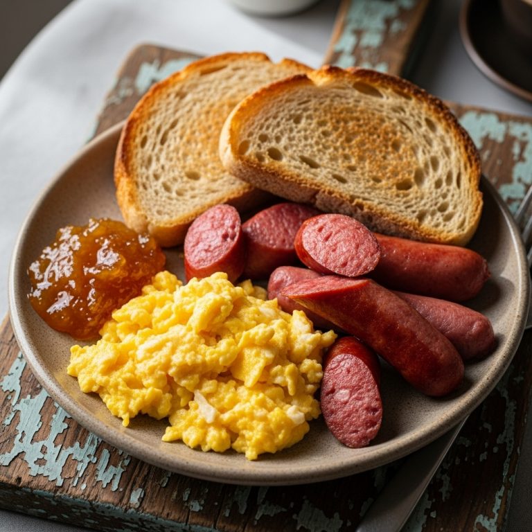 Portuguese Breakfast Delight: Eggs, Sausages, and Toast with Quince Jam