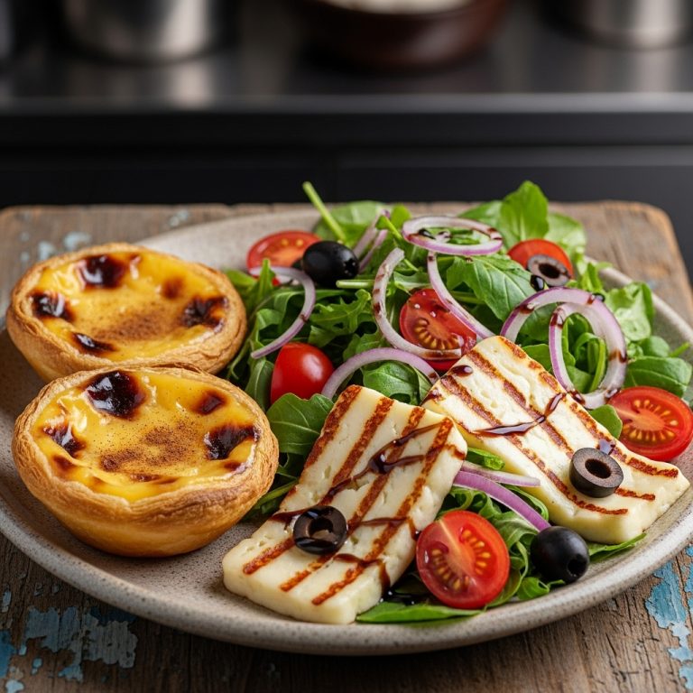 Portuguese Brunch Delight: Custard Tarts & Grilled Halloumi Salad