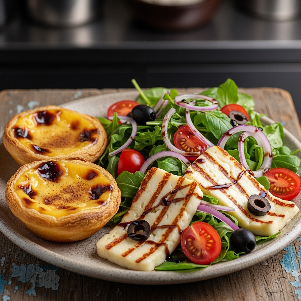 Portuguese Brunch Delight: Custard Tarts & Grilled Halloumi Salad