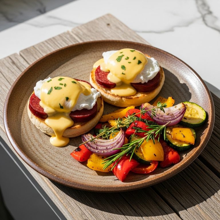 Portuguese Brunch Feast: Delectable Eggs Benedict with Chourico and Aromatic Roasted Vegetables
