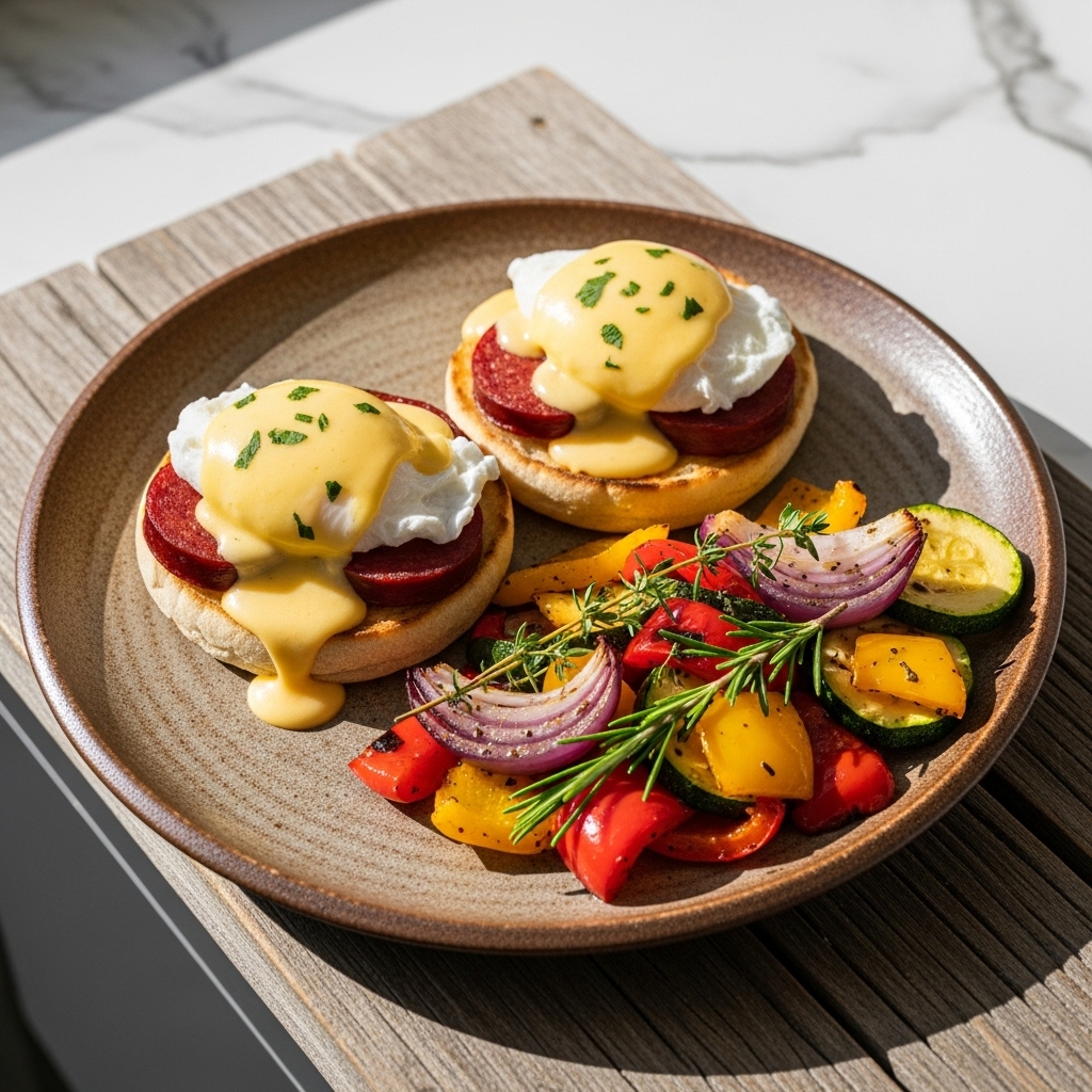 Portuguese Brunch Feast: Delectable Eggs Benedict with Chourico and Aromatic Roasted Vegetables