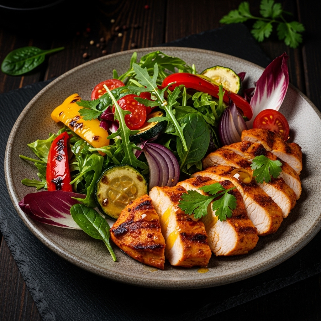 “Portuguese Lunch: Grilled Piri Piri Chicken Salad with Roasted Vegetables (Paleo-Friendly)”
