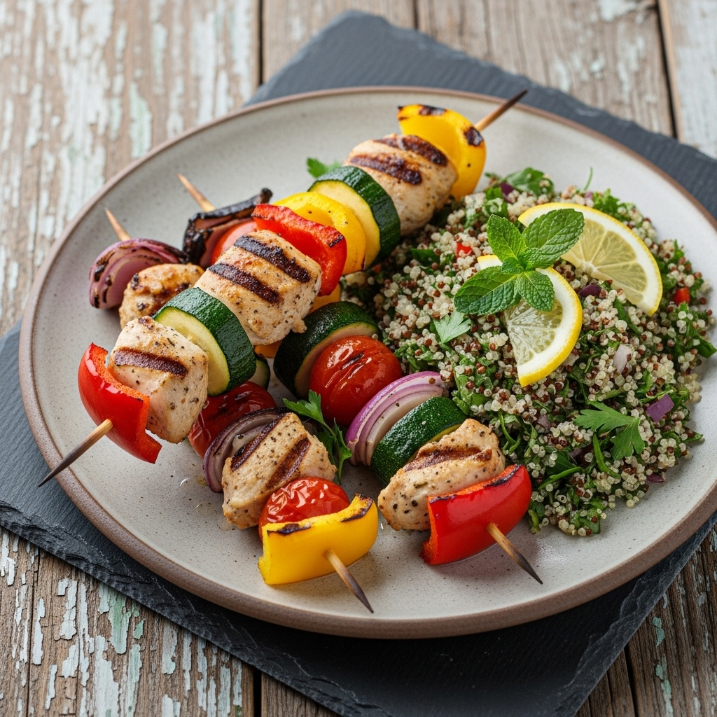 Portuguese Lunch Recipe: Grilled Chicken & Vegetable Skewers with Herb Quinoa Salad (Paleo)