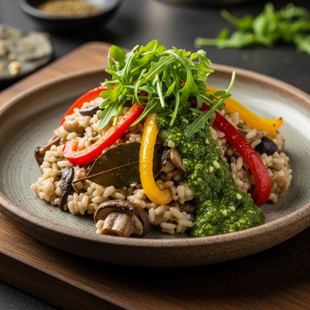 Portuguese Vegetarian Mushroom Risotto With Roasted Bell Peppers and Arugula Pesto