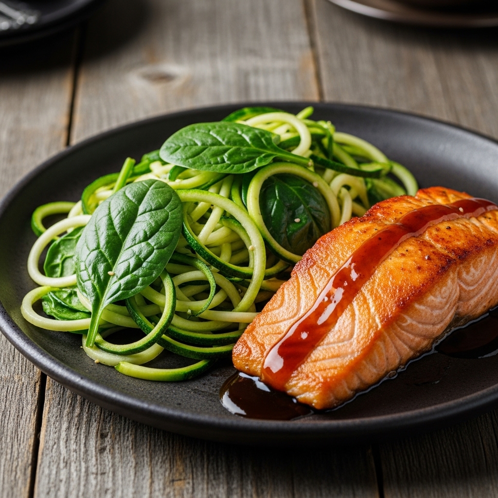 Radiant Japanese Keto Salmon Teriyaki with Spinach Zucchini Noodles