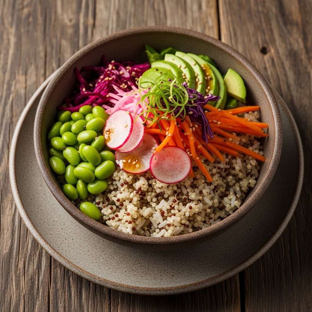 Rejuvenating Japanese Rice Bowl with Quinoa, Edamame, and Pickled Vegetables