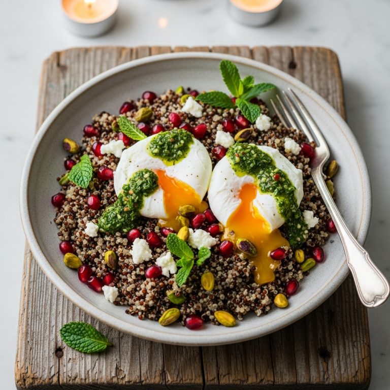 Rejuvenating Middle Eastern Quinoa Bowl with Poached Eggs and Mint Chimichurri
