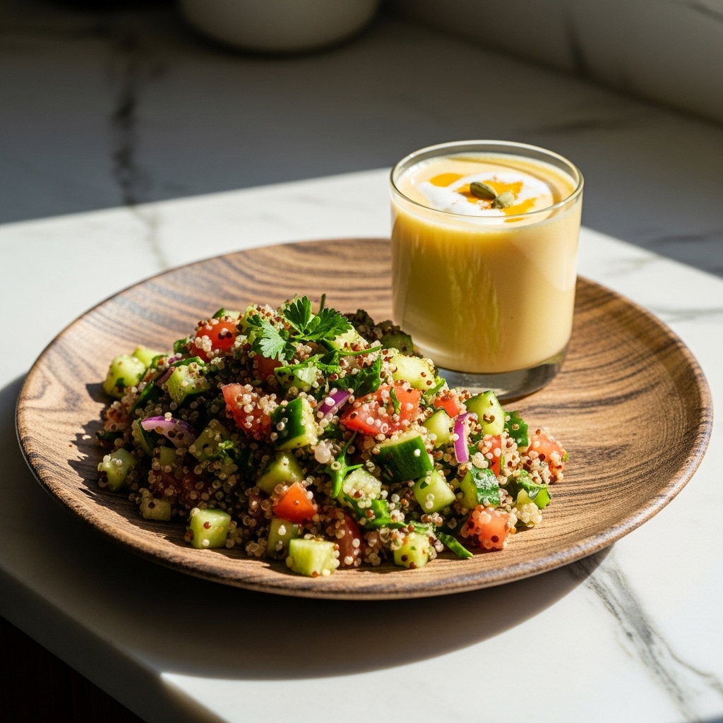 Revitalizing Indian Lunch: Quinoa Tabbouleh Salad & Mango Lassi Smoothie
