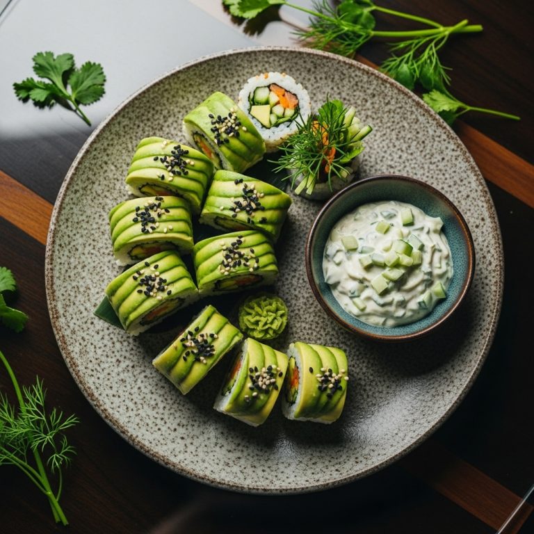 Revitalizing Japanese Avocado Rolls with Spicy Cucumber Dip