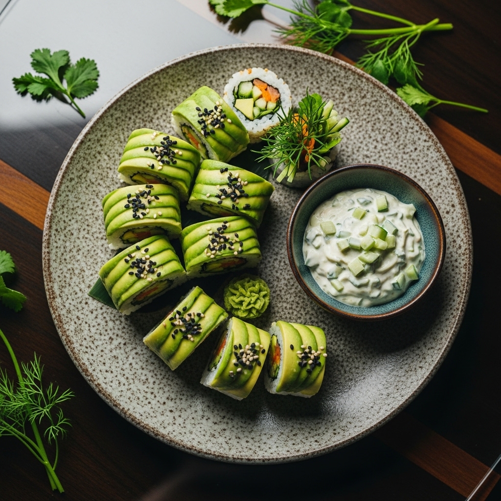 Revitalizing Japanese Avocado Rolls with Spicy Cucumber Dip