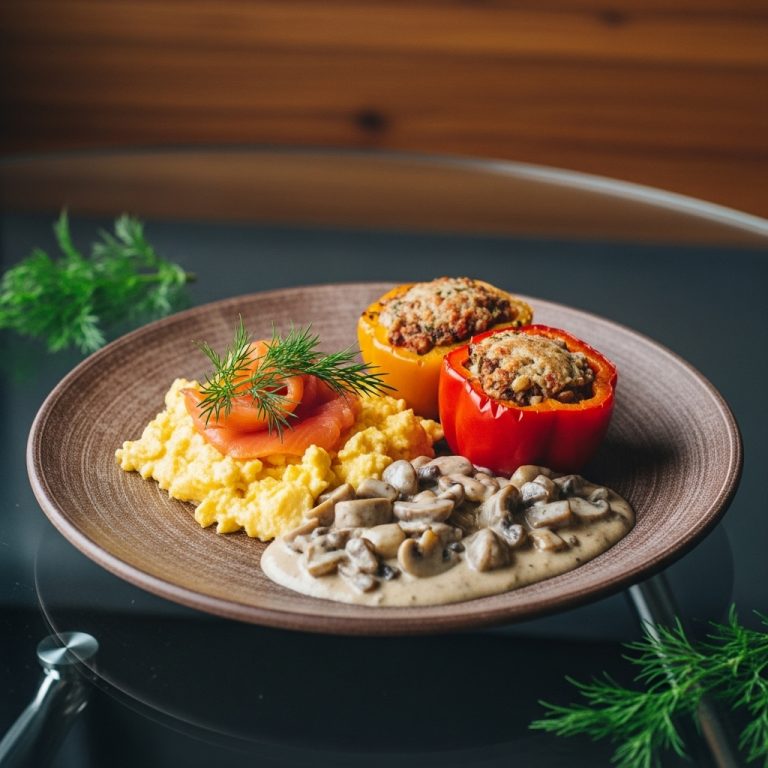 Russian Paleo Breakfast: Kefir Scrambled Eggs with Smoked Salmon and Dill, Stuffed Bell Peppers & Creamy Mushroom Sauce