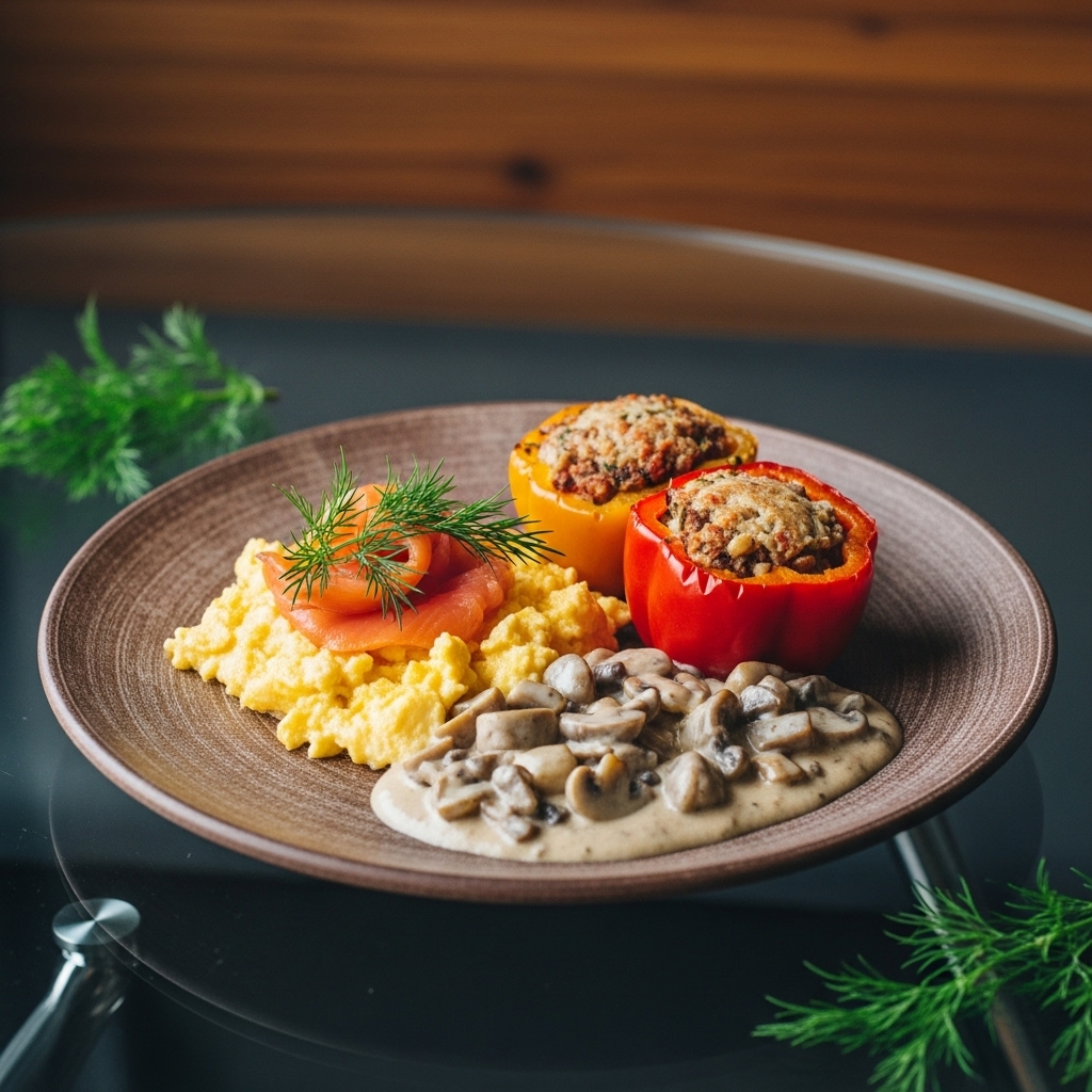 Russian Paleo Breakfast: Kefir Scrambled Eggs with Smoked Salmon and Dill, Stuffed Bell Peppers & Creamy Mushroom Sauce