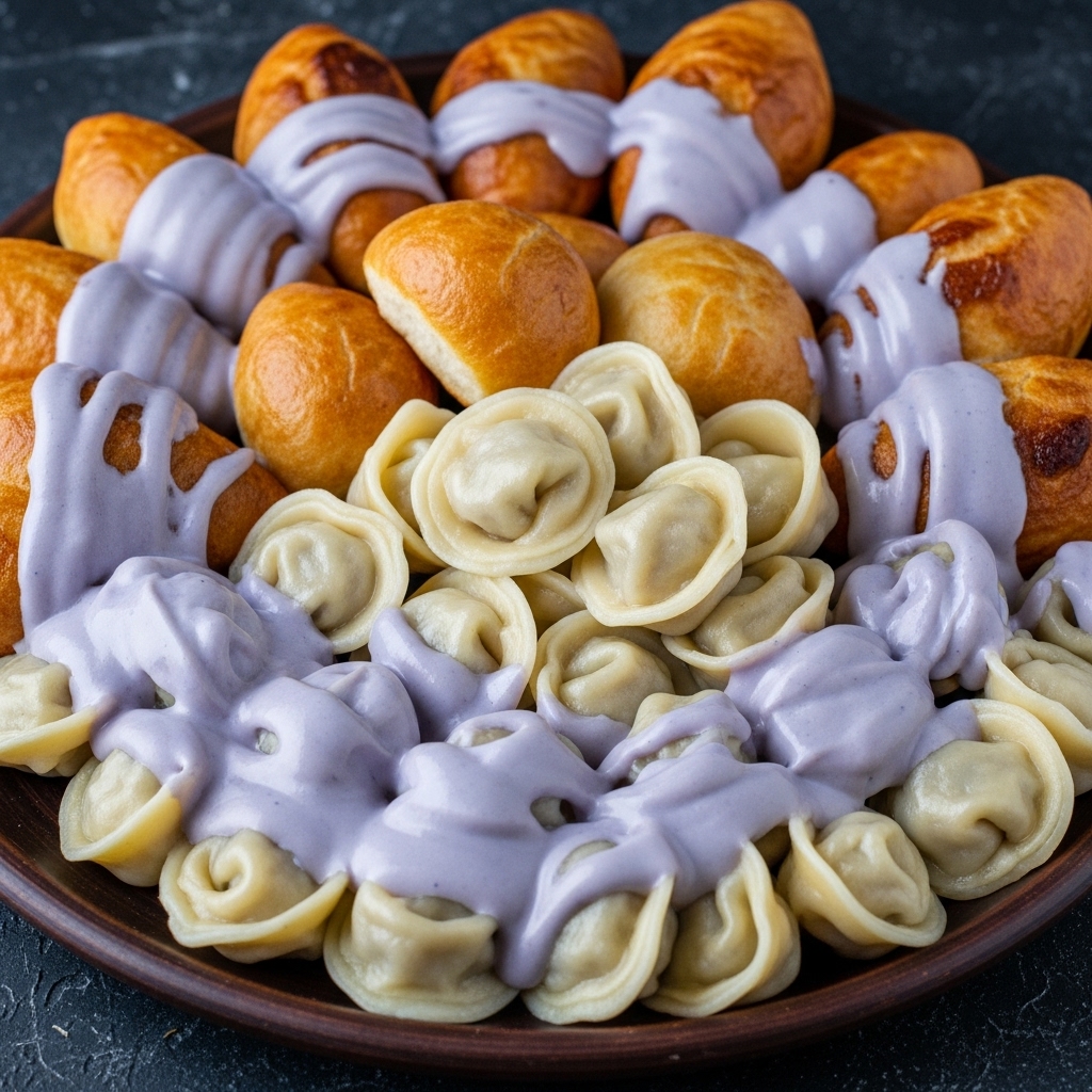 Russian Snack Feast: Mouthwatering Pelmeni & Pirozhki in Lavender Cream Sauce