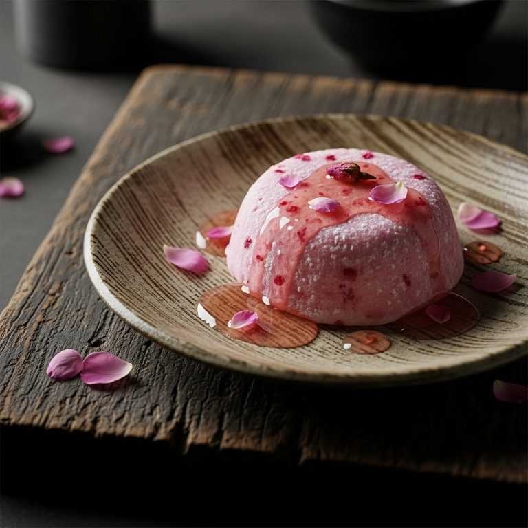 Sakura-Infused Mochi Cake With Rose Petal Syrup