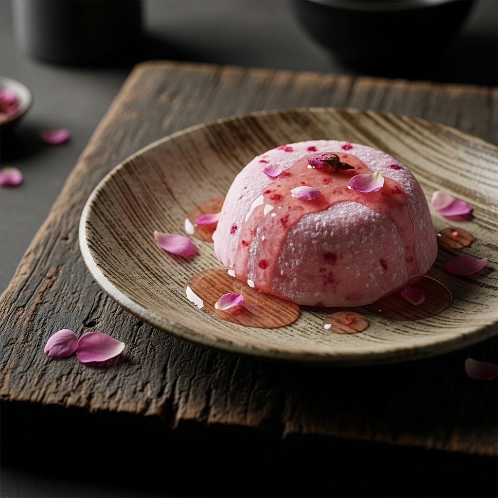 Sakura-Infused Mochi Cake With Rose Petal Syrup