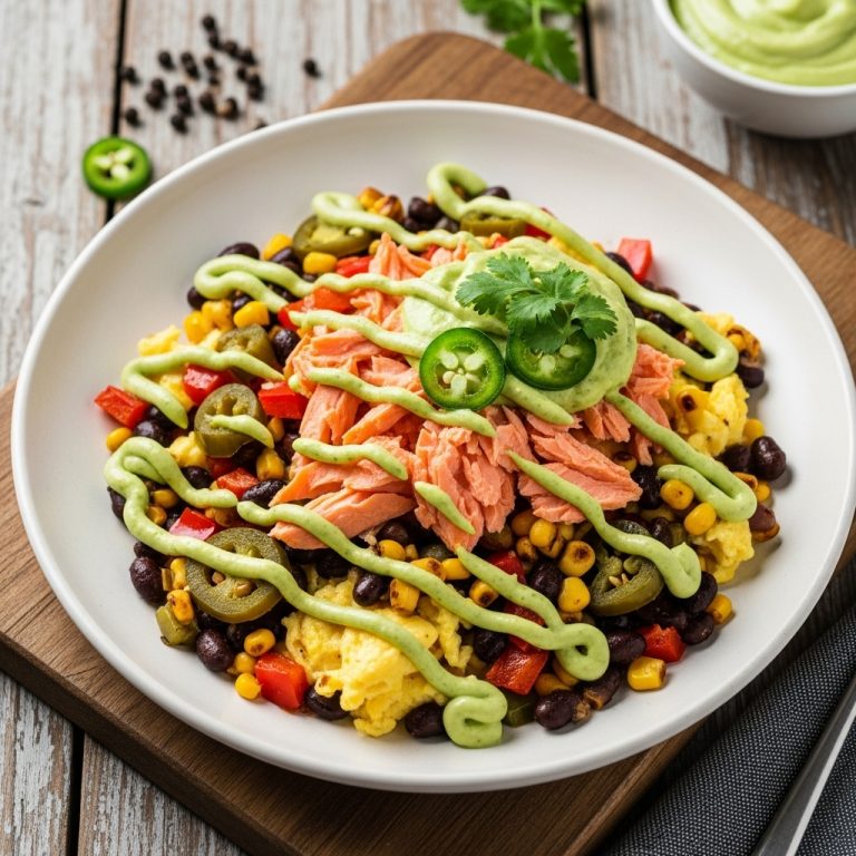 “Savor the Southwest: Tex-Mex Breakfast Skillet with Smoked Salmon & Spicy Avocado Crema”